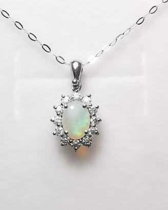 Collana e Pendente Oro Bianco 18 KT Diamanti/Opale
