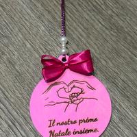 Pallina Natale Legno Rosa Cuore Mani