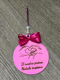 Pallina Natale Legno Rosa Cuore Mani