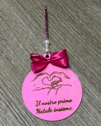Pallina Natale Legno Rosa Cuore Mani