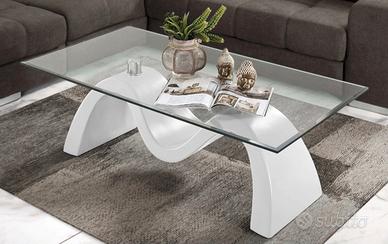 Tavolino da salotto in vetro con base bianca