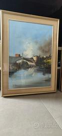 Dipinto olio su tela (paesaggio carrozza su ponte)