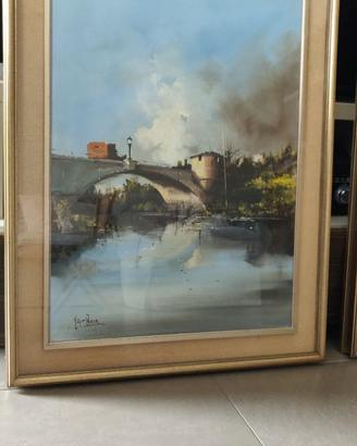 Dipinto olio su tela (paesaggio carrozza su ponte)