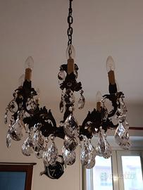 Lampadario ottone con gocce e prismi in cristalli