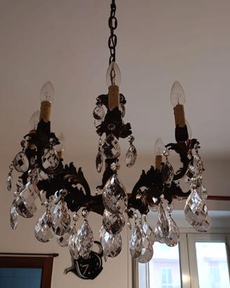 Lampadario ottone con gocce e prismi in cristalli