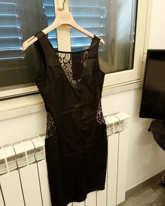 Abito nero femminile in ecopelle e pizzo elasticiz