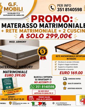 RETE MATRIMONIALE + MATERASSO + CUSCINI MEMORY