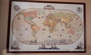 Stampa mappamondo antico con cornice in legno