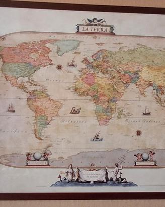 Stampa mappamondo antico con cornice in legno
