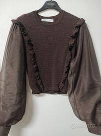 Maglia Zara marrone con maniche organza S