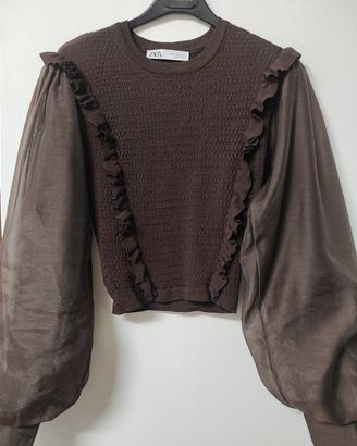 Maglia Zara marrone con maniche organza S