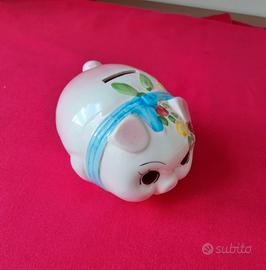 Salvadanaio maialino ceramica smaltata bianco rosa