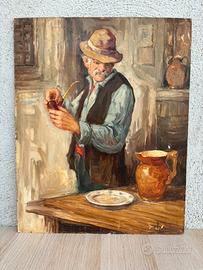 Quadro vintage -Anziano Con Pipa- dipinto a olio
