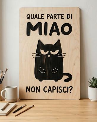 Quadretto legno Gatto "Miao" Arredo casa