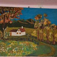 quadro Naif, paesaggio primaverile, case montagne 