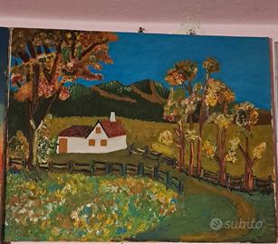 quadro Naif, paesaggio primaverile, case montagne 