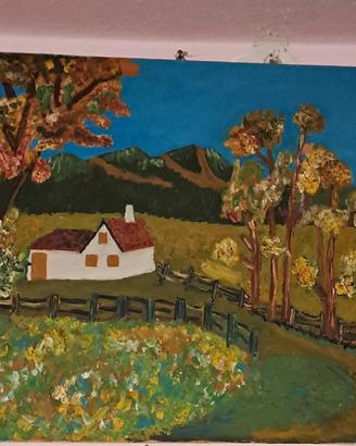 quadro Naif, paesaggio primaverile, case montagne 