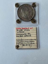 20 Lire 1928 Littore Argento qSPL Perizia