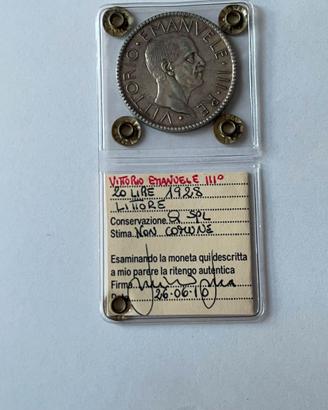 20 Lire 1928 Littore Argento qSPL Perizia
