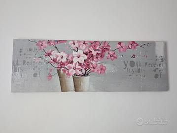 Quadro moderno su tela 150x50 - Fiori Rosa e Grigi