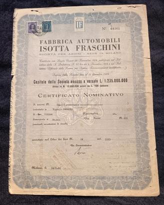 Certificato nominativo Fabbrica Automoboli Isotta 