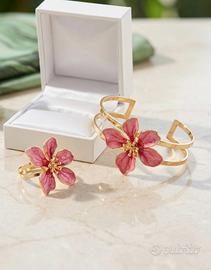 Parure bracciale e anello fiore rosa placato oro