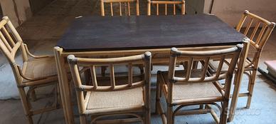 Tavolo pranzo vintage  bambù/midollino con 6 sedie