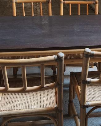 Tavolo pranzo vintage  bambù/midollino con 6 sedie