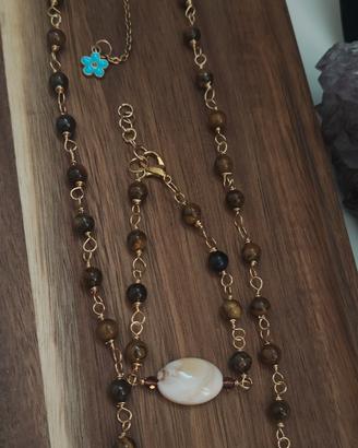 parure collana+bracciale agata marrone e pietra 