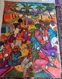 Quadro Naif Mercato di Haiti olio su tela