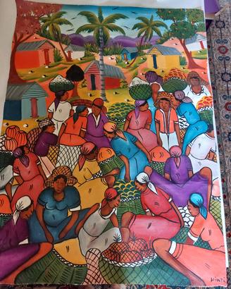 Quadro Naif Mercato di Haiti olio su tela
