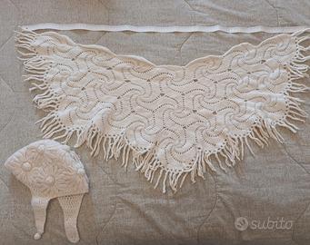 Scialle da bambina in lana vintage+cuffia in lana 