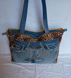 Borsa tracolla Jeans Denim Leopardata