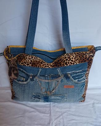 Borsa tracolla Jeans Denim Leopardata