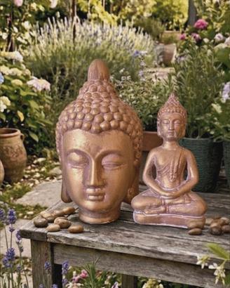2 Statue Buddha Oro/Anticato (Altezza 25 e 20 cm)