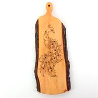 TAGLIERE LEGNO PIROGRAFATO A MANO PAVONE NUOVO