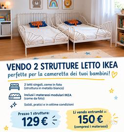 2 letti singoli Ikea in metallo bianco + materassi