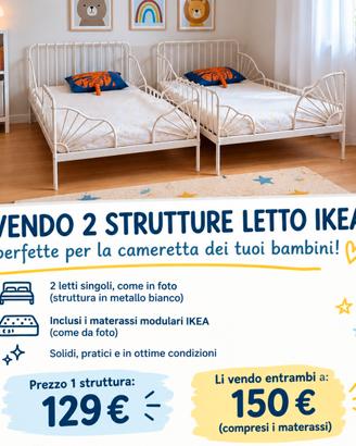 2 letti singoli Ikea in metallo bianco + materassi