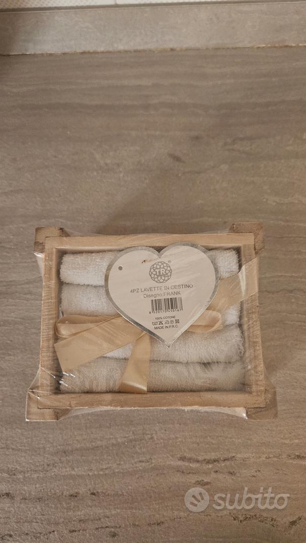 Set Cestino In Legno Con 4 Lavette In Spugna - Asciugamani Per Ospiti, Stile Shabby - Foto 2