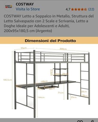 Letto a Soppalco in Metallo con scrivania sotto.