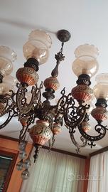 Lampadario Vintage a bracci in ottone ceramica 