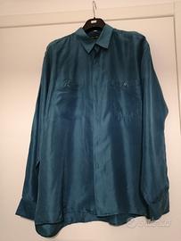 Camicia in seta blu /verde a maniche lunghe 