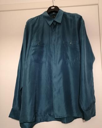 Camicia in seta blu /verde a maniche lunghe 