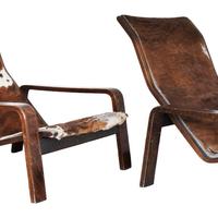 Coppia di poltrone lounge vintage in legno curvato