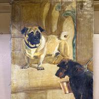 Antico quadro dipinto ad olio su tela 52x72 cani