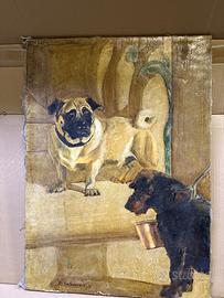 Antico quadro dipinto ad olio su tela 52x72 cani