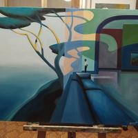 Quadro surrealista paesaggio mare olio su tela