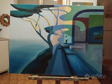 Quadro surrealista paesaggio mare olio su tela