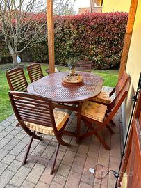Tavolo giardino legno massiccio+prolunga+6 sedie