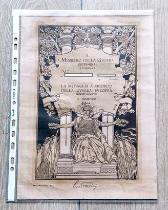 Diploma originale Medaglia Ricordo della Guerra Eu
